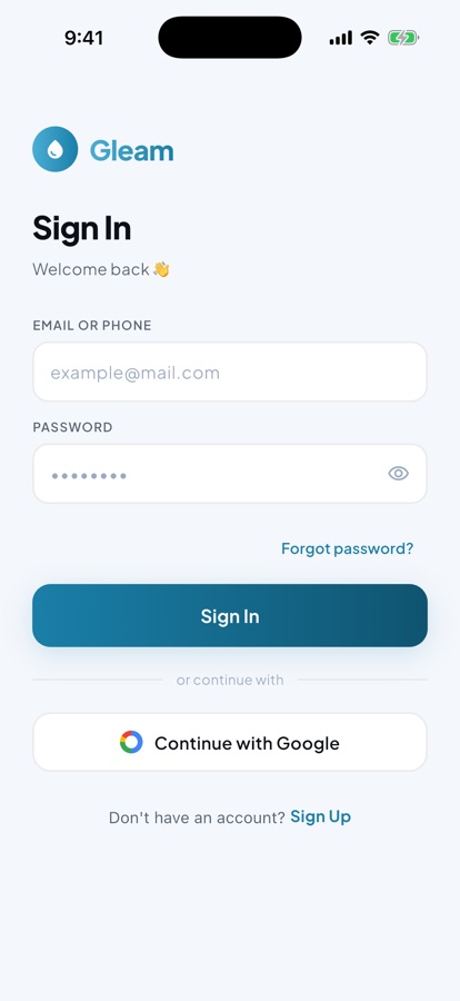 Gleam sign-in screen